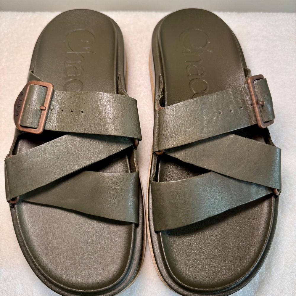 Chaco Womens Townes Slide Leather Sandals‎ Olive Green Size 9 Buckle Chunky
